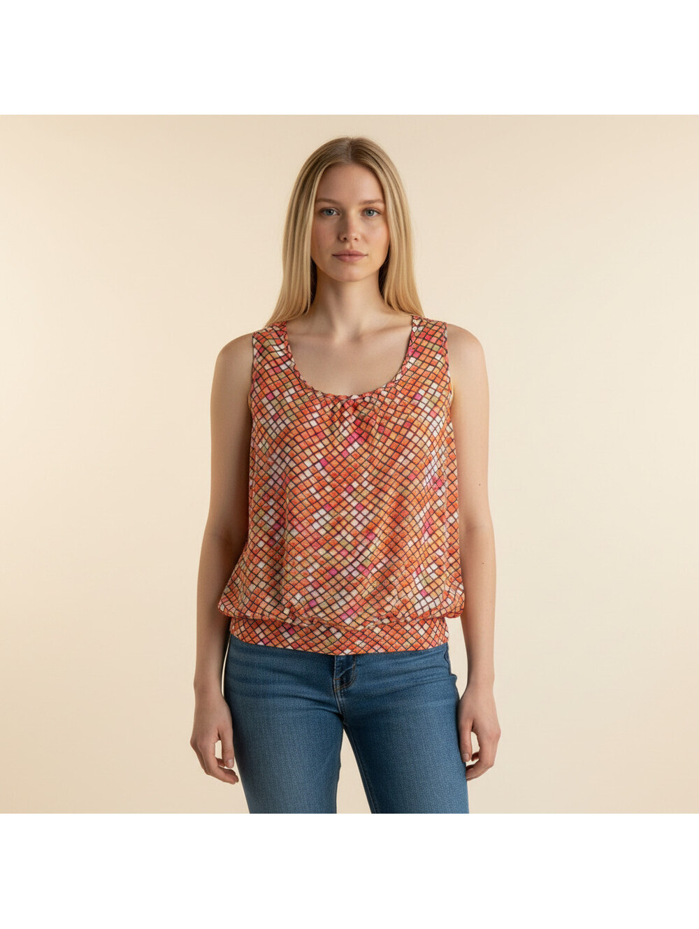 Worthington Blouse Women L Large Orange Plaid Sleeveless Wide Strap Casual Lined